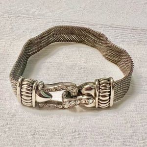 Art Deco Mesh Chain Buckle BRACELET Silver Tone‎ With Crystals 7.75” Vintage